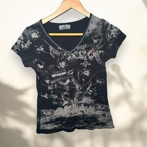 Vintage Y2K v neck tee shirt glam  M punk goth botanical